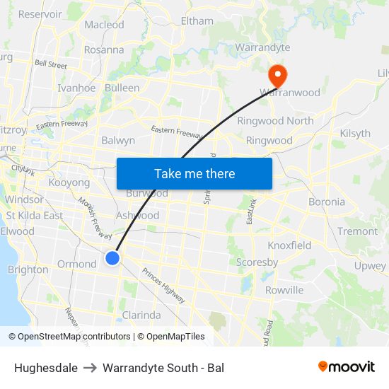 Hughesdale to Warrandyte South - Bal map