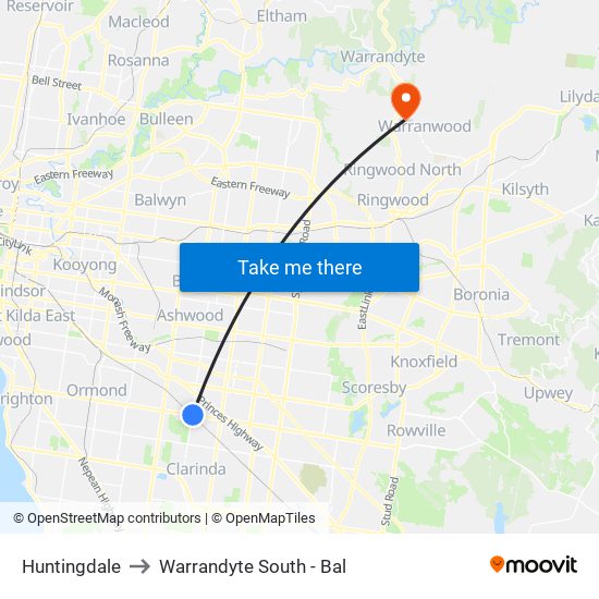 Huntingdale to Warrandyte South - Bal map