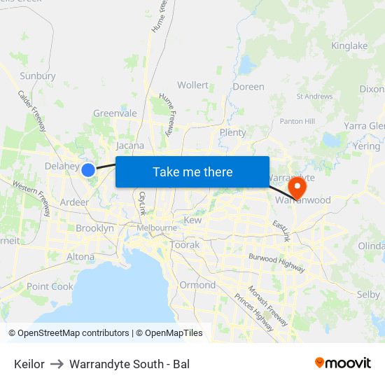 Keilor to Warrandyte South - Bal map