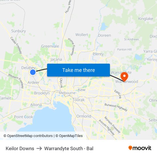 Keilor Downs to Warrandyte South - Bal map