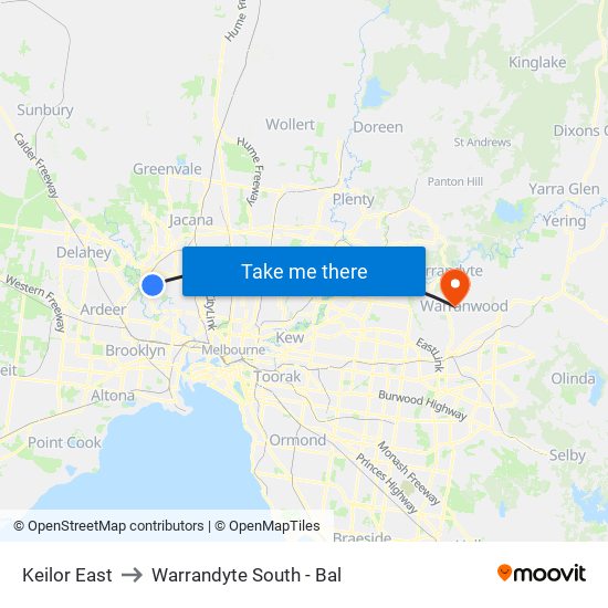 Keilor East to Warrandyte South - Bal map