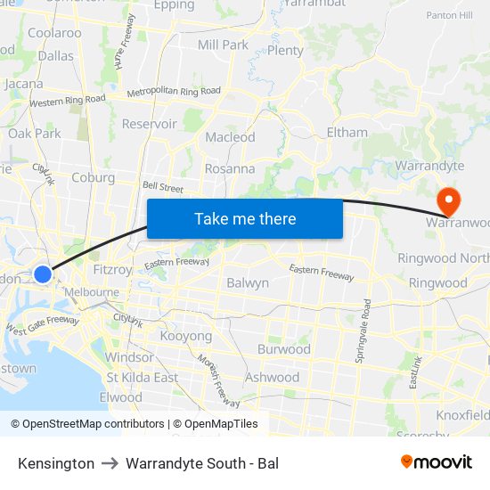Kensington to Warrandyte South - Bal map