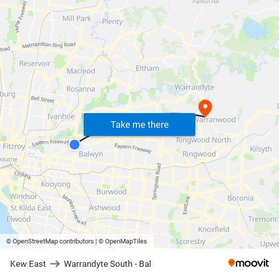 Kew East to Warrandyte South - Bal map