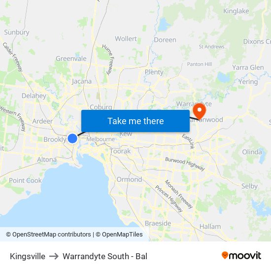 Kingsville to Warrandyte South - Bal map