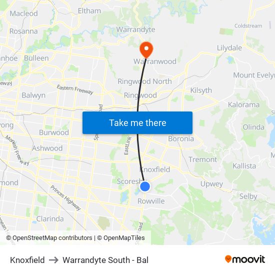 Knoxfield to Warrandyte South - Bal map