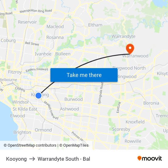 Kooyong to Warrandyte South - Bal map