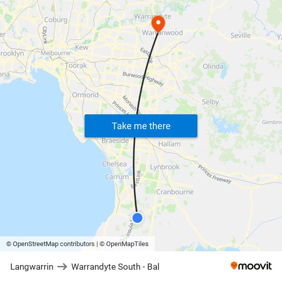 Langwarrin to Warrandyte South - Bal map