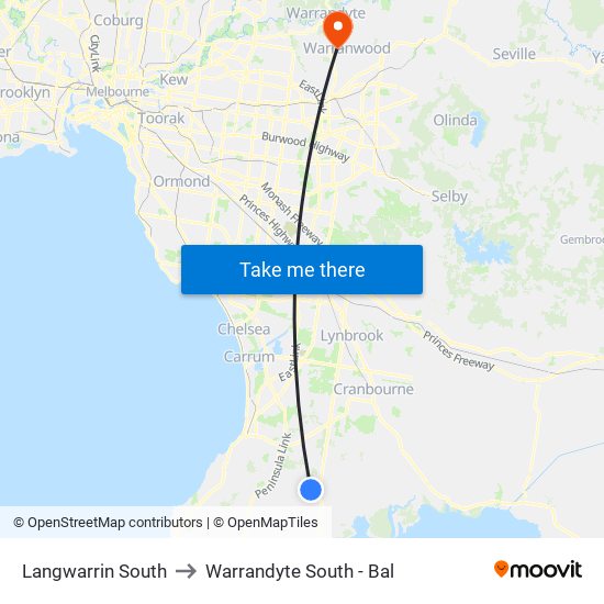 Langwarrin South to Warrandyte South - Bal map