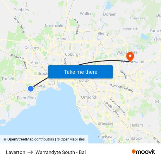 Laverton to Warrandyte South - Bal map