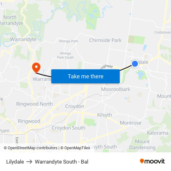 Lilydale to Warrandyte South - Bal map