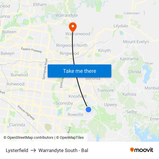 Lysterfield to Warrandyte South - Bal map