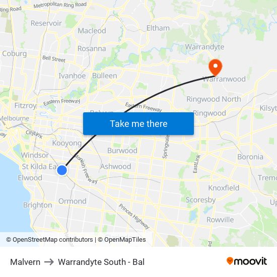 Malvern to Warrandyte South - Bal map