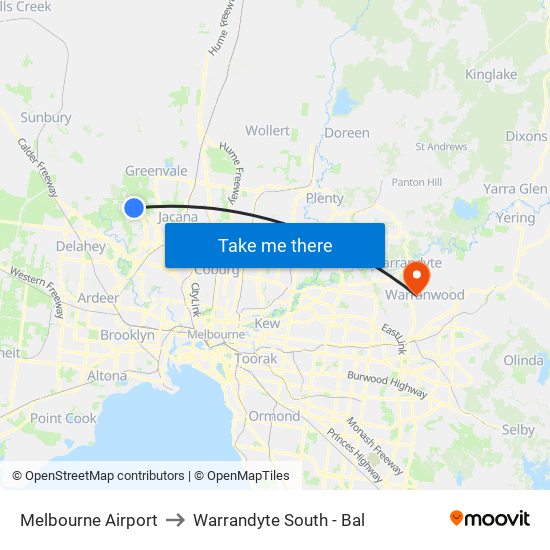Melbourne Airport to Warrandyte South - Bal map