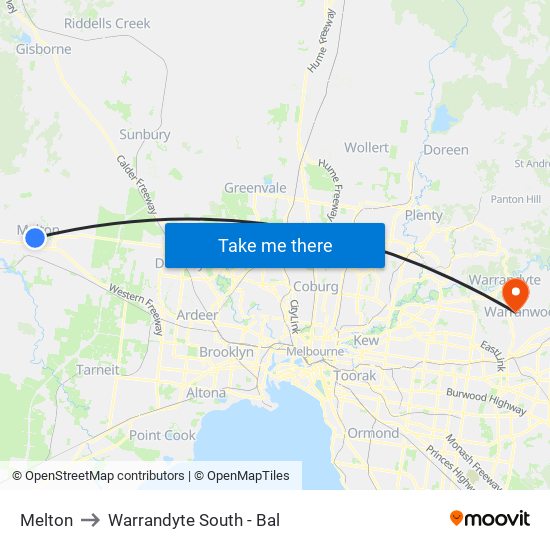 Melton to Warrandyte South - Bal map