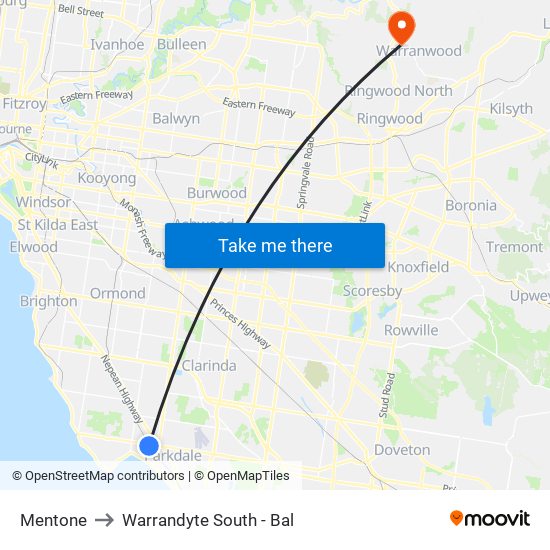 Mentone to Warrandyte South - Bal map