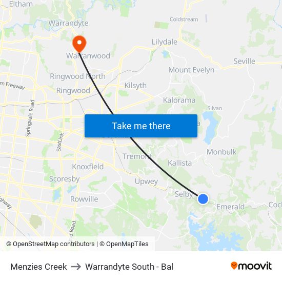 Menzies Creek to Warrandyte South - Bal map