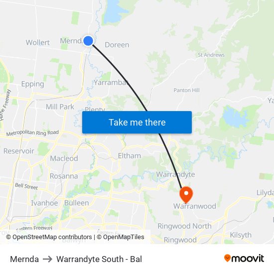 Mernda to Warrandyte South - Bal map