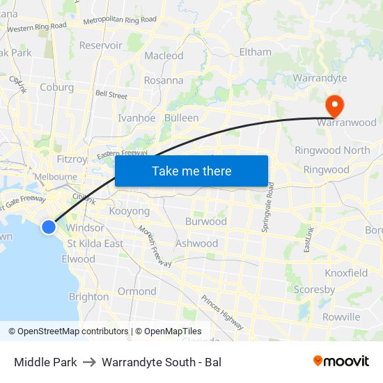 Middle Park to Warrandyte South - Bal map