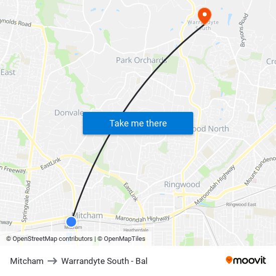 Mitcham to Warrandyte South - Bal map