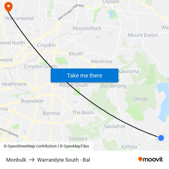 Monbulk to Warrandyte South - Bal map