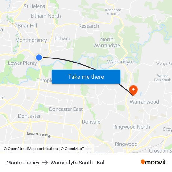 Montmorency to Warrandyte South - Bal map