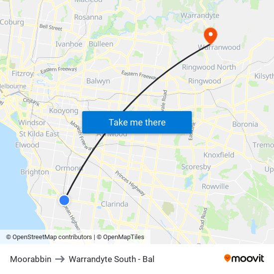 Moorabbin to Warrandyte South - Bal map