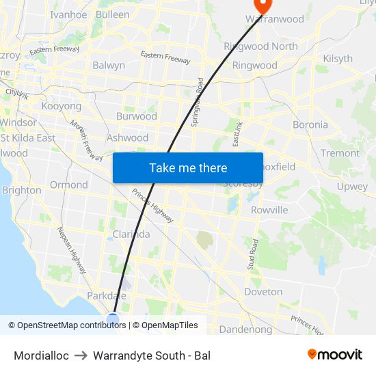 Mordialloc to Warrandyte South - Bal map