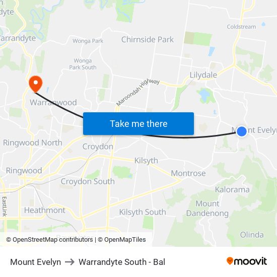 Mount Evelyn to Warrandyte South - Bal map