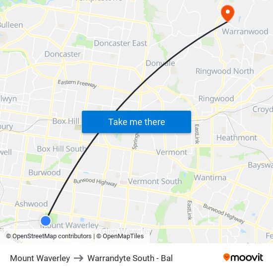 Mount Waverley to Warrandyte South - Bal map