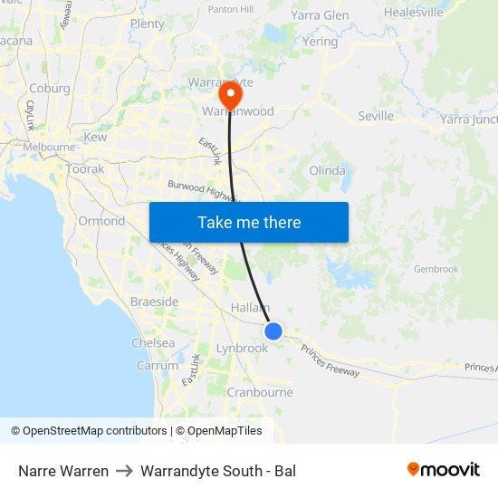 Narre Warren to Warrandyte South - Bal map