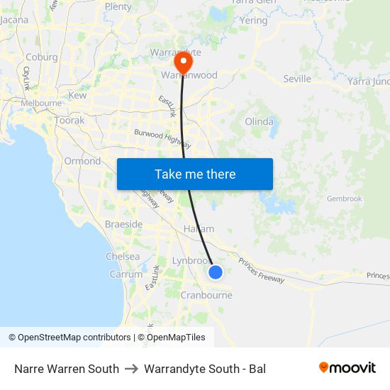 Narre Warren South to Warrandyte South - Bal map
