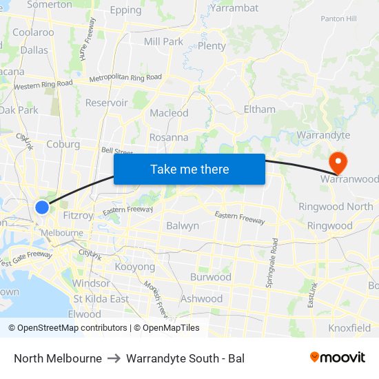 North Melbourne to Warrandyte South - Bal map