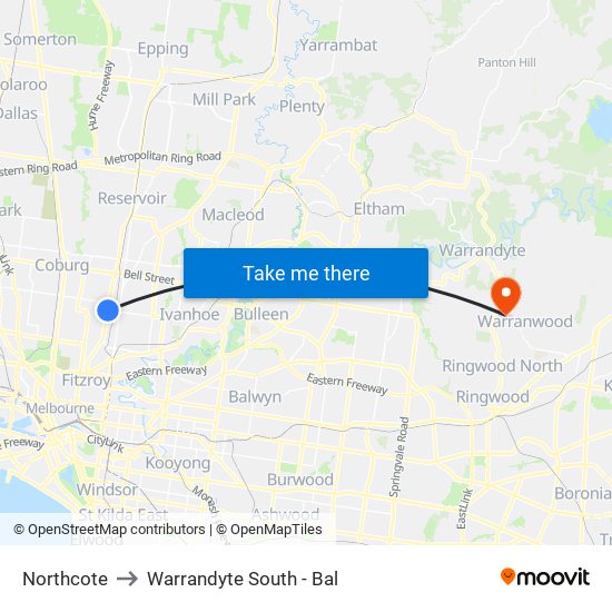 Northcote to Warrandyte South - Bal map