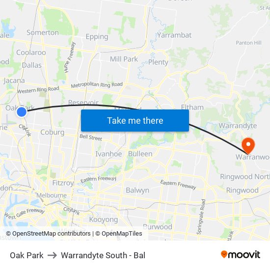 Oak Park to Warrandyte South - Bal map