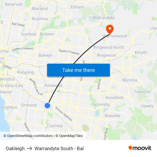 Oakleigh to Warrandyte South - Bal map