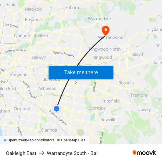 Oakleigh East to Warrandyte South - Bal map