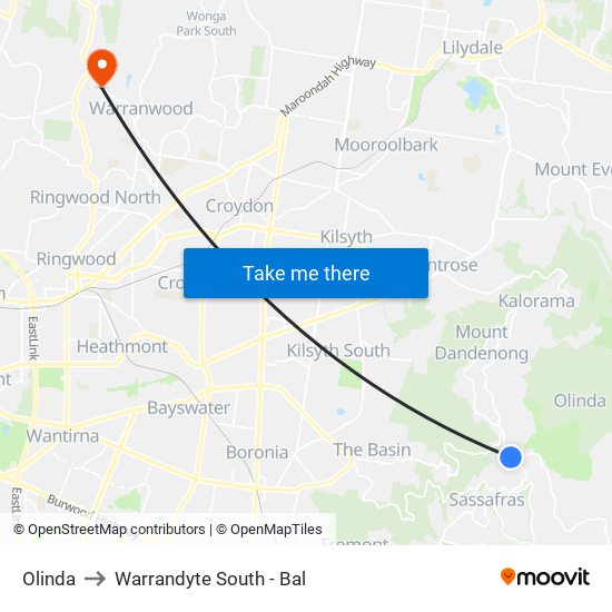 Olinda to Warrandyte South - Bal map