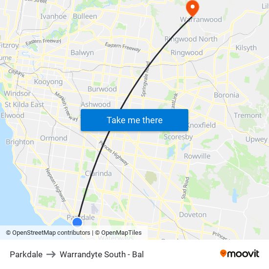 Parkdale to Warrandyte South - Bal map