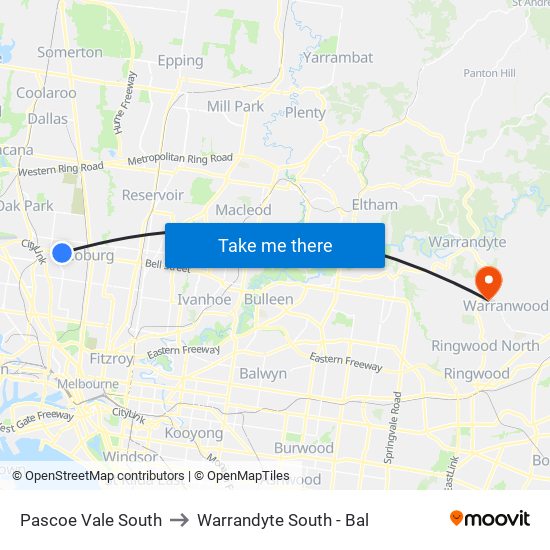 Pascoe Vale South to Warrandyte South - Bal map