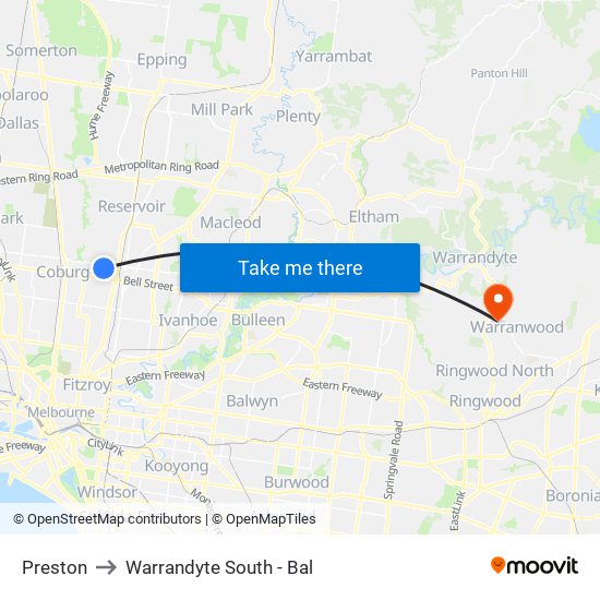 Preston to Warrandyte South - Bal map