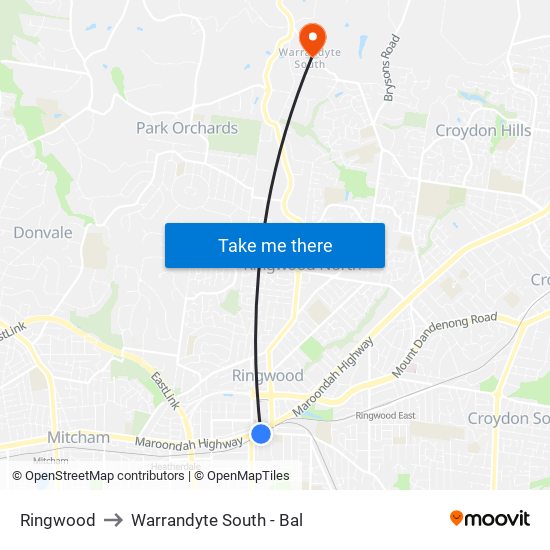 Ringwood to Warrandyte South - Bal map