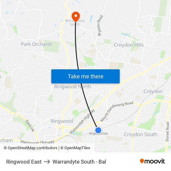 Ringwood East to Warrandyte South - Bal map