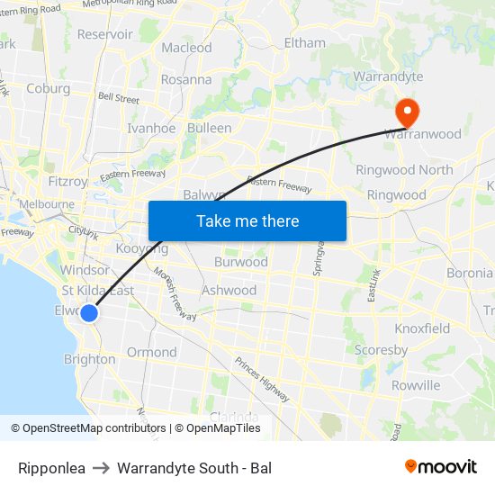 Ripponlea to Warrandyte South - Bal map