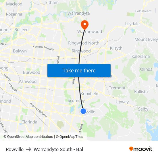 Rowville to Warrandyte South - Bal map