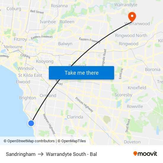 Sandringham to Warrandyte South - Bal map