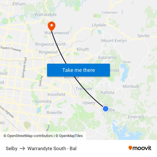 Selby to Warrandyte South - Bal map