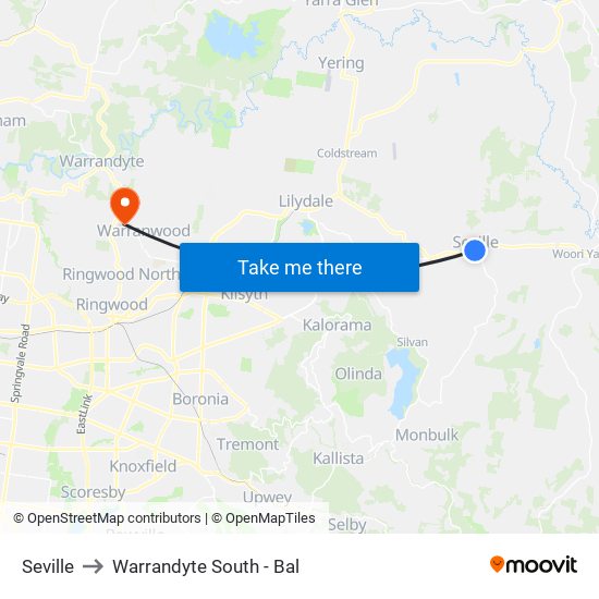 Seville to Warrandyte South - Bal map