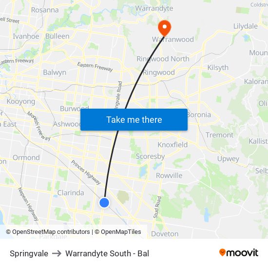 Springvale to Warrandyte South - Bal map
