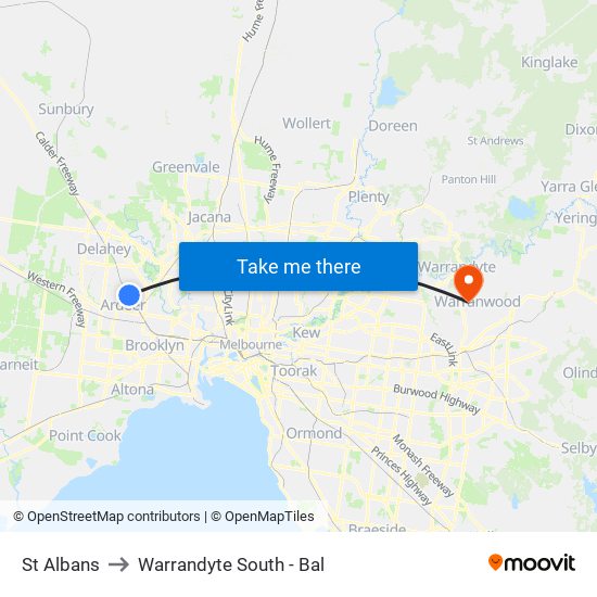 St Albans to Warrandyte South - Bal map