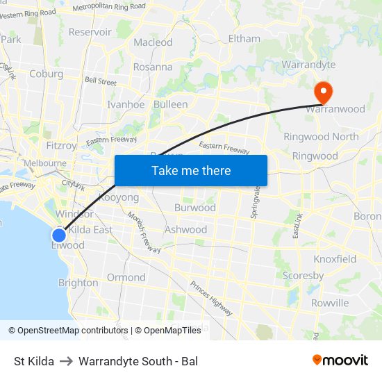 St Kilda to Warrandyte South - Bal map